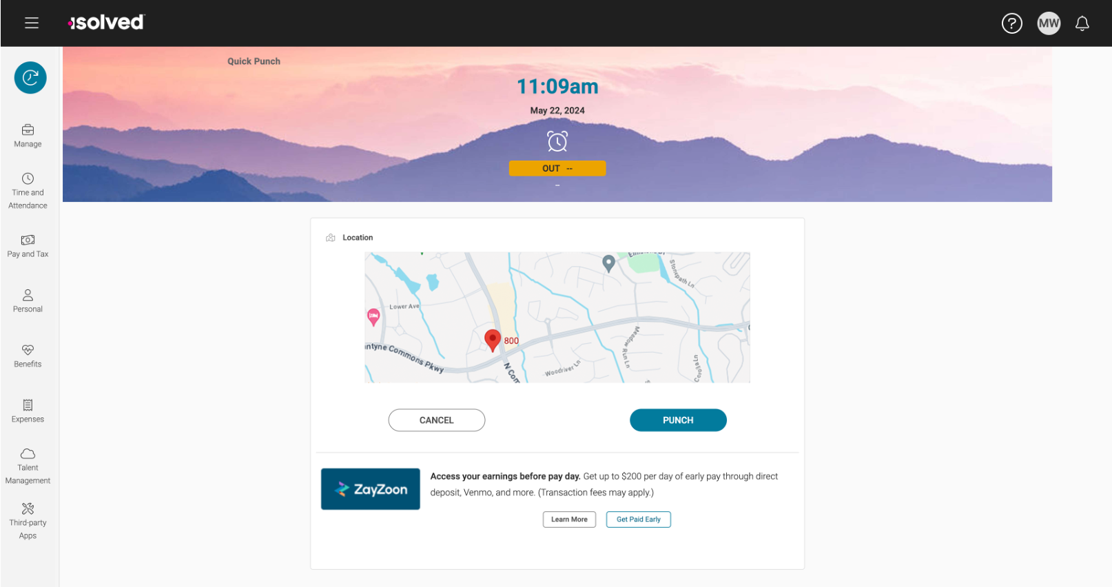 A digital interface showing a dashboard with a mountain landscape background, the time 11:09 am, the date May 22, 2024, and options for punching in or out. It displays a map with a location pin, and buttons labeled 'Cancel' and 'Punch'. There is an advertisement for early earnings access via ZayZoon.
