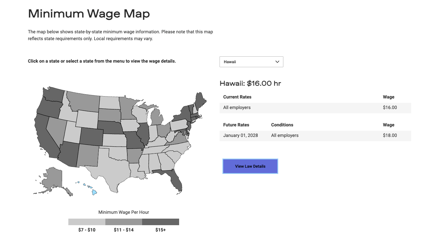A map of the United States showing the minimum wage per hour in different states, with Hawaii highlighted. The map uses shades of gray to indicate wage ranges, from $7-$10 to $15+. The screenshot also includes minimum wage details for Hawaii at $16 per hour, current and future wage rates, and a button to view law details.
