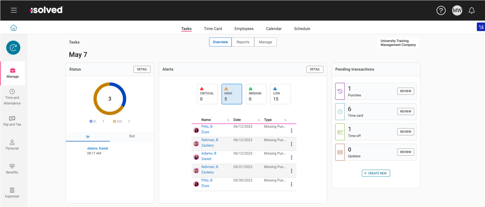 Screenshot of an employee management dashboard for University Training Management Company showing tasks, alerts, and pending transactions for May 7