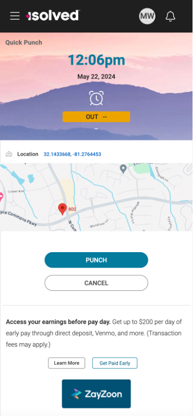 Mobile app interface showing the current time as 12:06 pm on May 22, 2024. It includes a map with a red location pin, options for quick punch in or out, and buttons for punching and canceling. The app offers early pay access through ZayZoon.