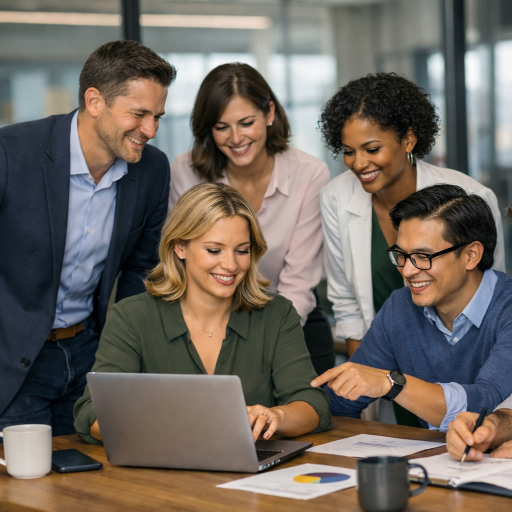 A group of five diverse professionals gathered around a laptop, smiling and discussing in a modern office setting.