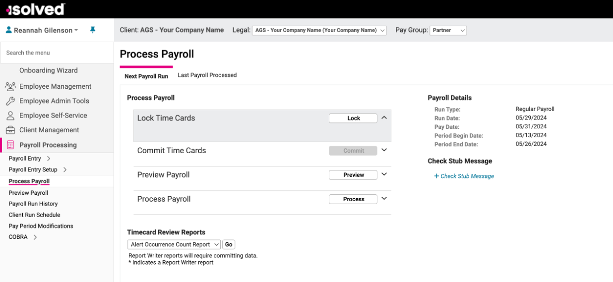 Screenshot of payroll processing software interface with menu options on the left, payroll process steps in the center, and payroll details on the right.