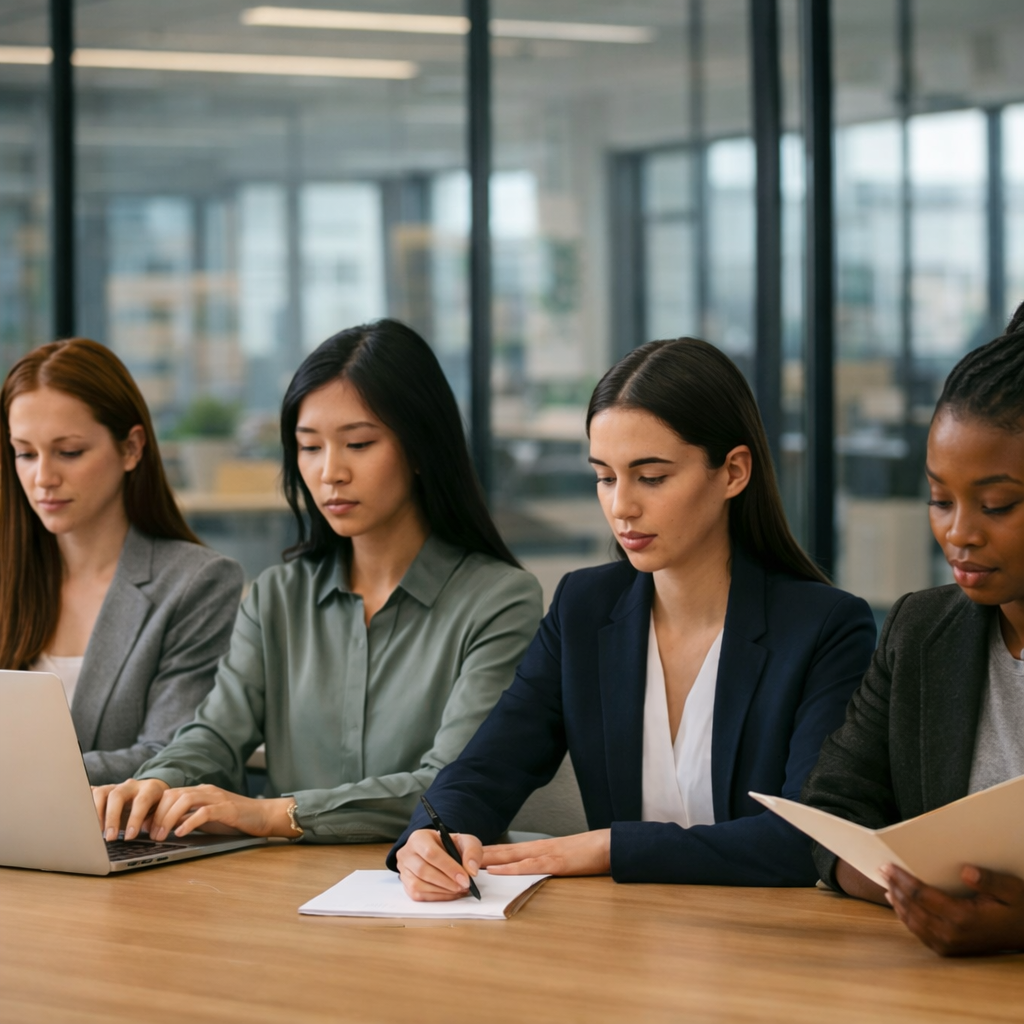 Four women sitting at a conference table, working on laptops, taking notes, and reviewing documents in a modern office.