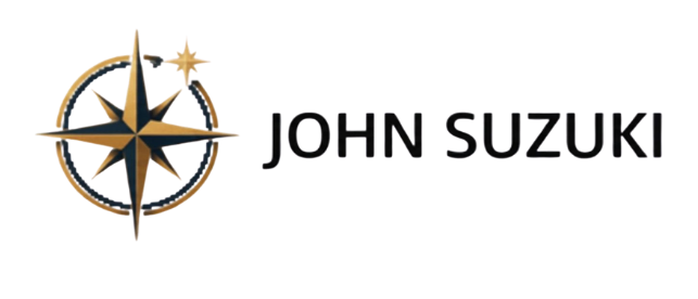 John Suzuki logo with a compass design.