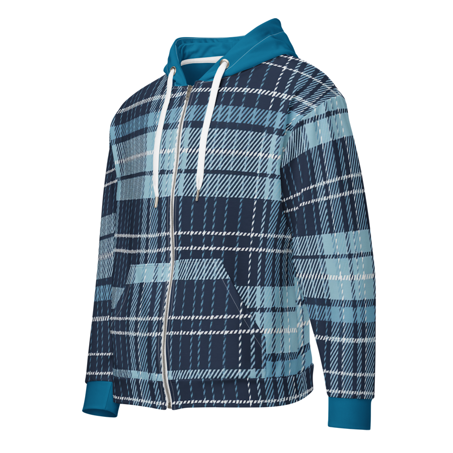 Men's Zip Hoodie Blue Plaid Art