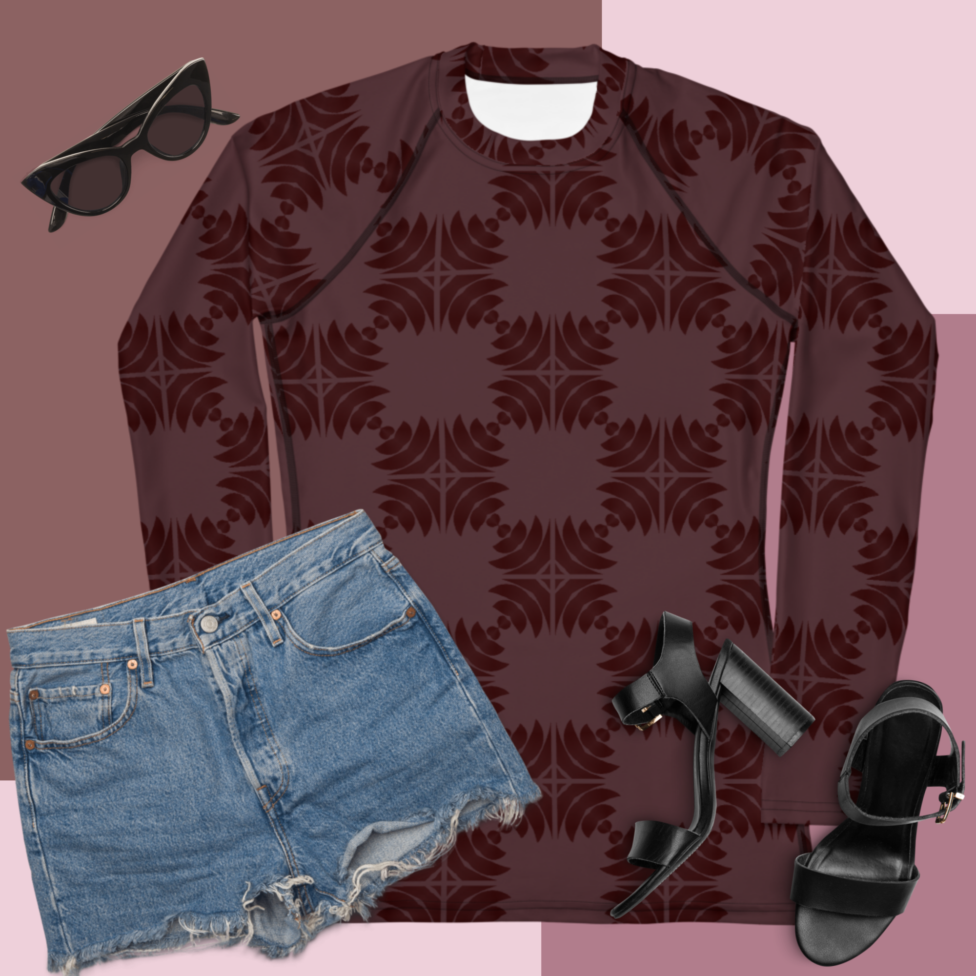 Women's Pattern Art Rash Guard (Maroon)