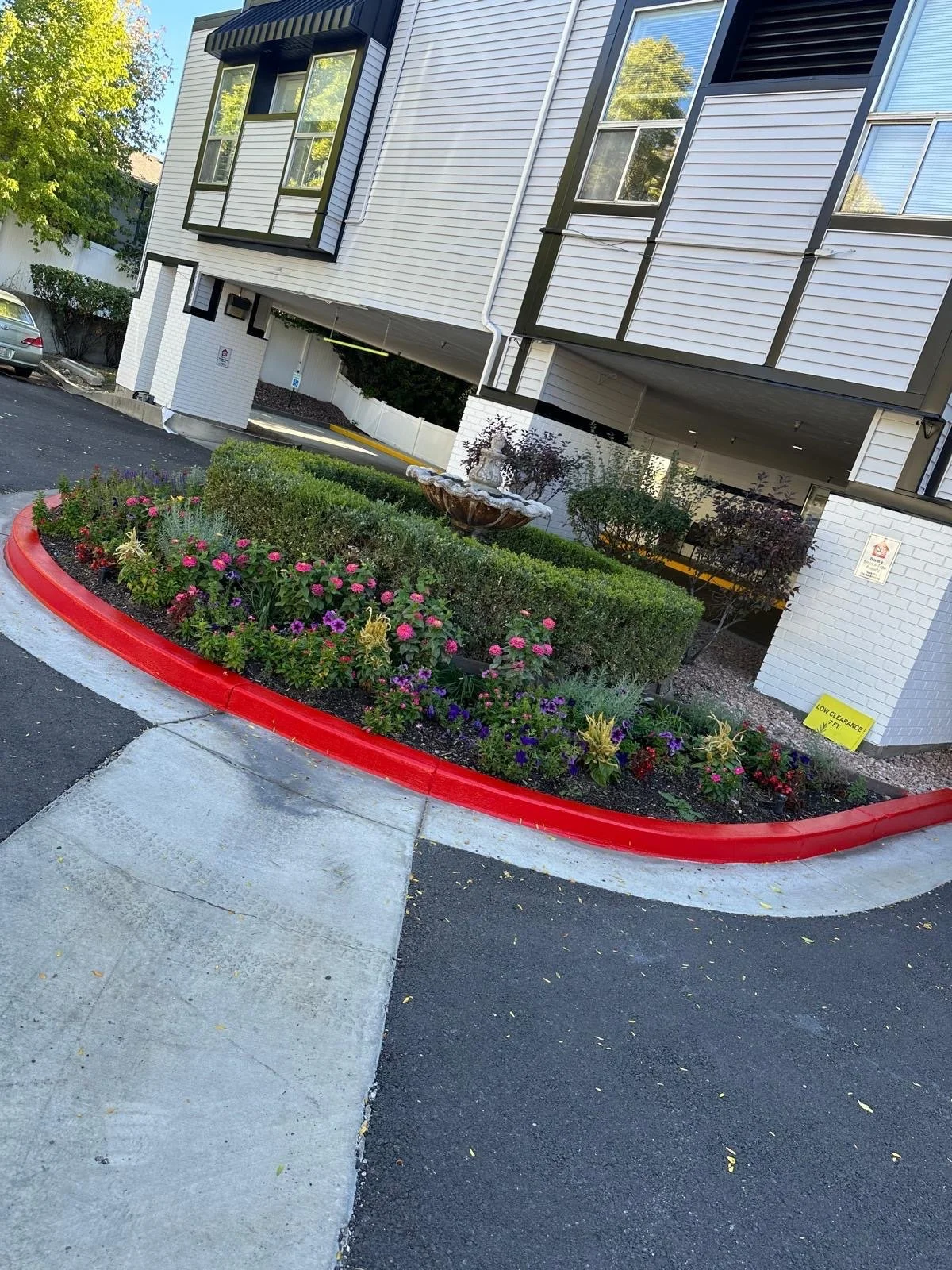 A flower bed in front of a modern apartment building with a fountain, surrounded by a red-painted curb and a sidewalk, with parking spaces behind.