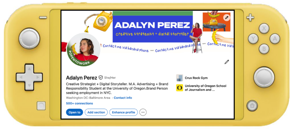 Screenshot of a LinkedIn profile for Adalyn Perez showing her work as a creative strategist and digital storyteller, with colorful graphics and phone contact information.
