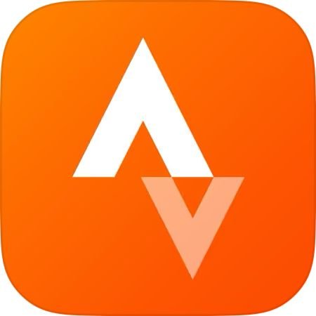 An app icon with a white stylized letter 'A' and a pink downward arrow on an orange background.