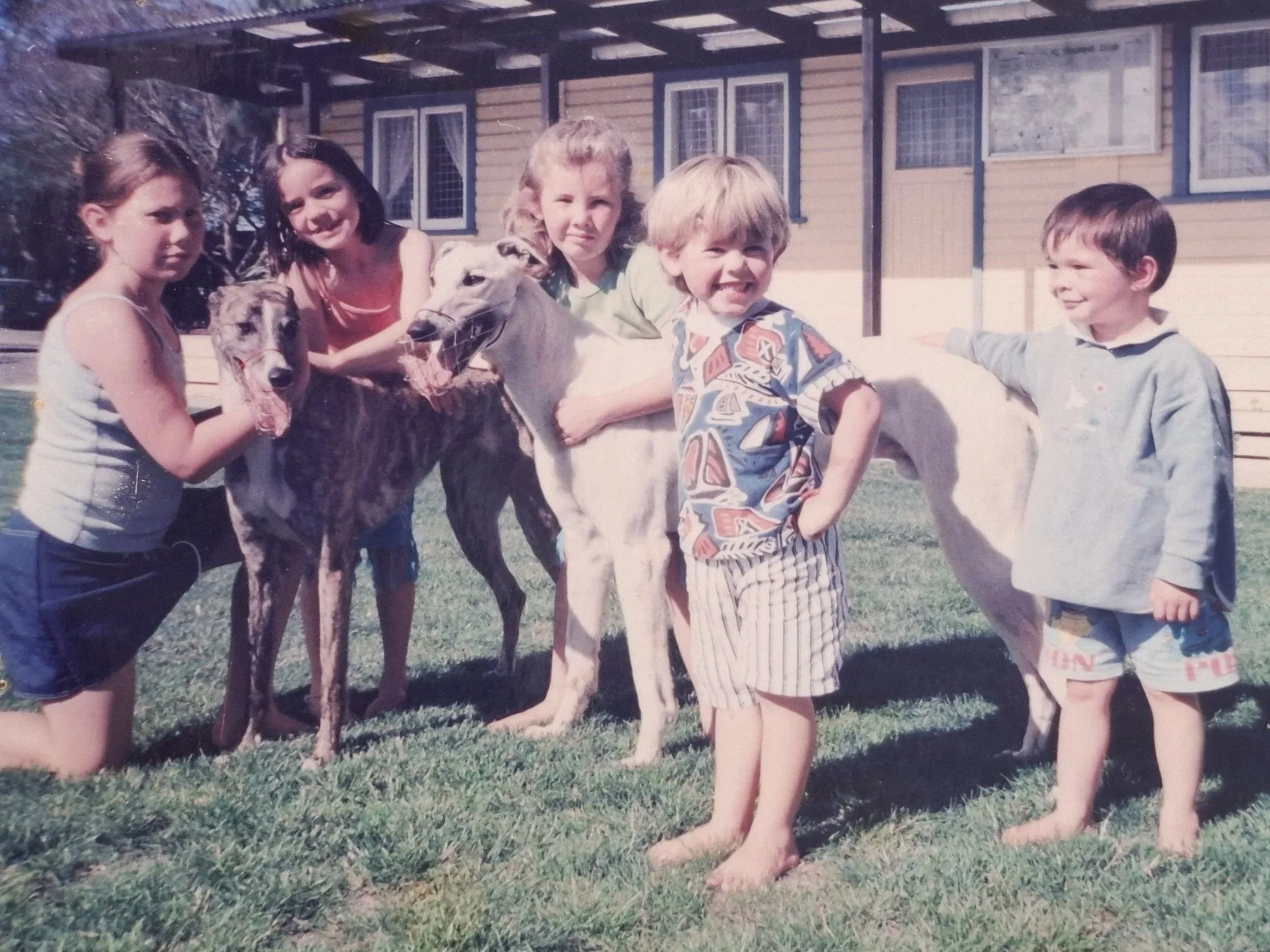 Children playing with dogs in a backyard with a house in the background.