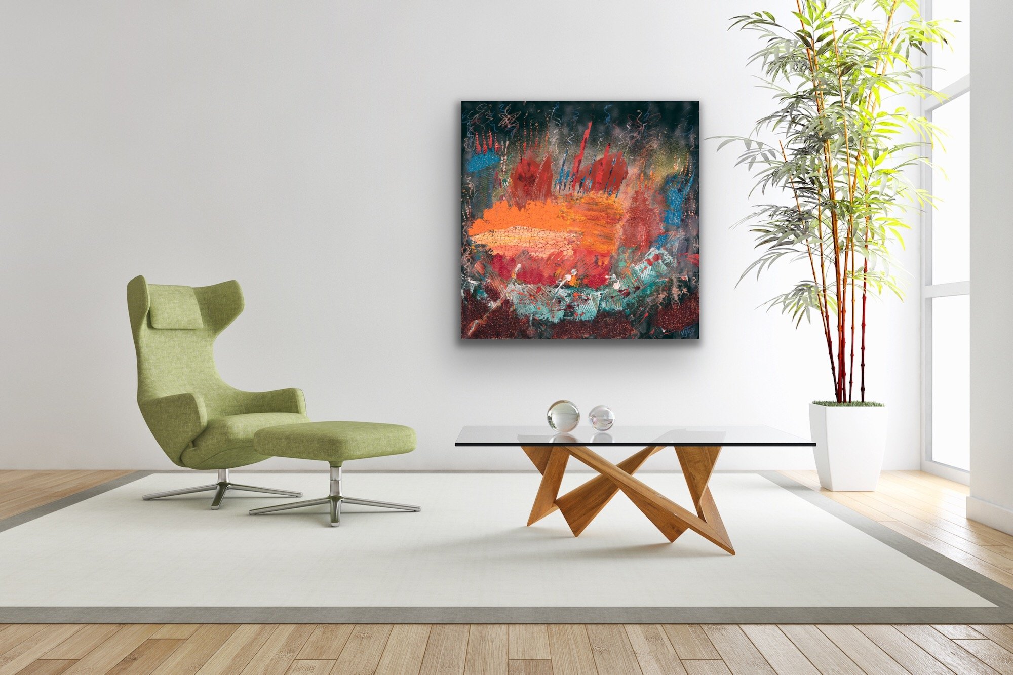 Modern living room with a green lounge chair, glass coffee table with wooden base, abstract wall art, potted plant, and large windows