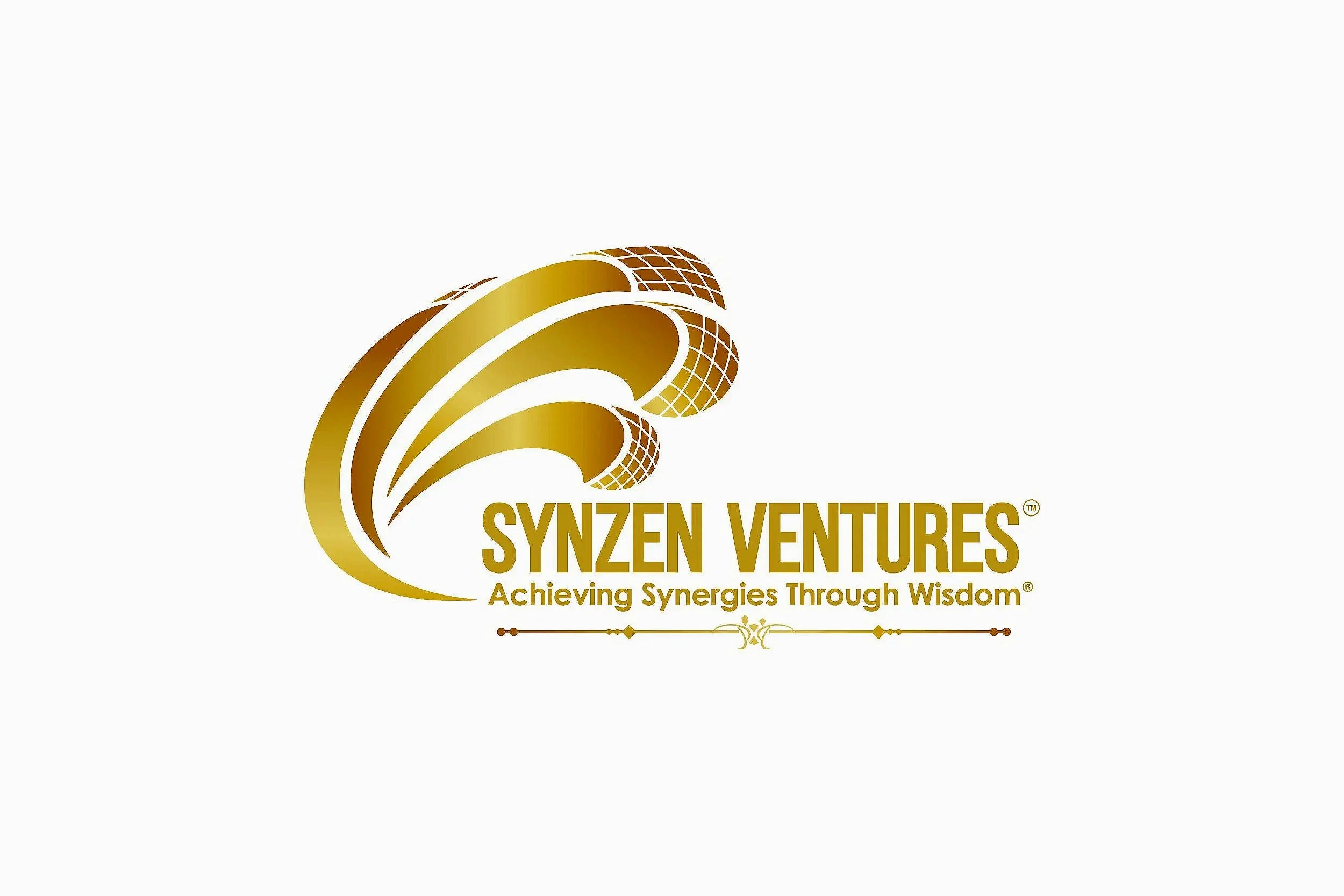 Gold and white logo for Synzen Ventures featuring stylized curved shapes and a tagline 'Achieving Synergies Through Wisdom'.