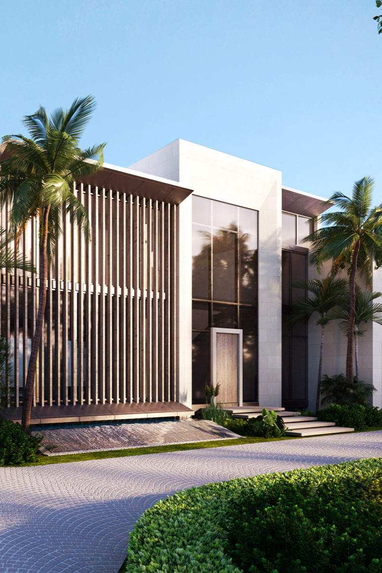 Modern house with large glass windows, wooden accents, surrounded by palm trees and landscaped bushes, under a clear blue sky.