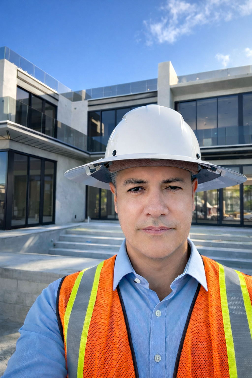 A construction worker wearing a white safety helmet and an orange safety vest taking a selfie in front of a modern building with glass windows and stairs.