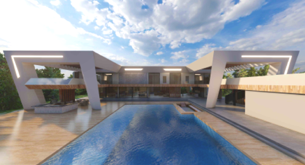 Modern house with an outdoor swimming pool, wooden deck, and architectural design under a partly cloudy sky.