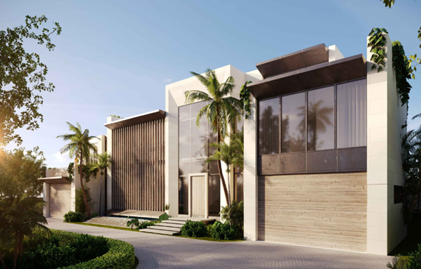 Modern contemporary house with large glass windows, palm trees, and lush landscaping in a sunny setting.