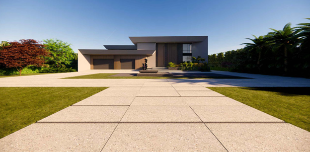 Modern house with a driveway and manicured lawn, surrounded by trees and clear blue sky.
