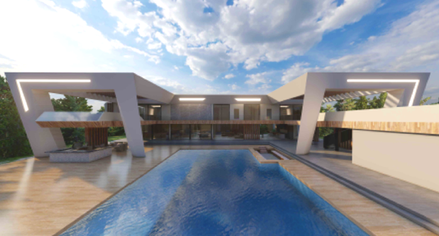 Modern luxury house with a large swimming pool in the foreground, featuring sleek architecture with geometric shapes and large windows, under a partly cloudy sky.