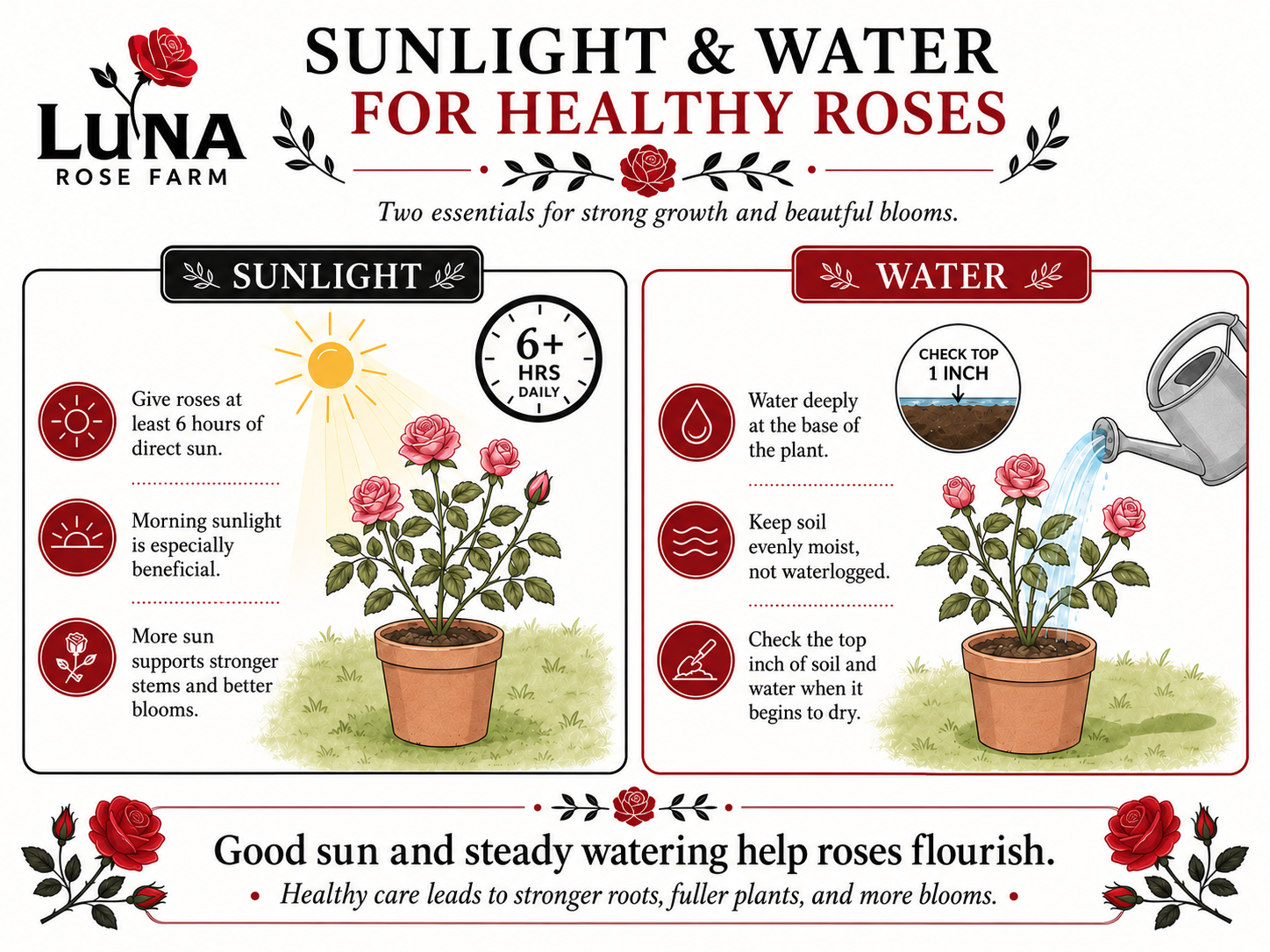 Chart showing how sunlight and water benefit rose plants. The sunlight section advises giving roses at least 6 hours of direct sun daily, with morning sun being especially beneficial, and more sun supports stronger stems and blooms. The water section advises watering deeply at the base, keeping soil moist but not waterlogged, and checking soil moisture when it begins to dry. Illustrations include a blooming rose plant in a pot, a sun icon, and a watering can pouring water into the plant.