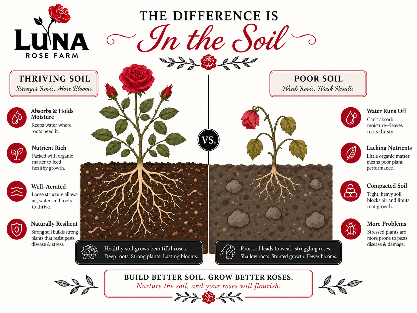 Comparison of thriving and poor soil for roses. The thriving soil side shows healthy roots, lush green leaves, and blooming roses, with labels highlighting water retention, nutrient richness, aeration, and resilience. The poor soil side shows weak, yellowing leaves, sparse roots, and fewer blooms, with labels indicating water runoff, lack of nutrients, compacted soil, and more problems for plants.