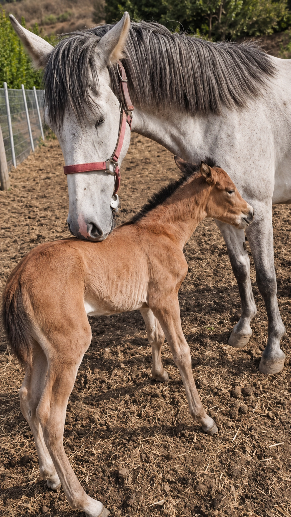 A white adult horse with a pink halter gently nuzzles a small, brown foal in a fenced outdoor paddock.