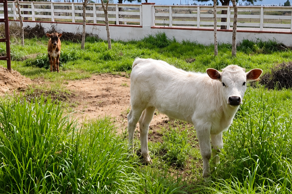 A white calf standing on green grass with a brown calf in the background near a wooden fence.