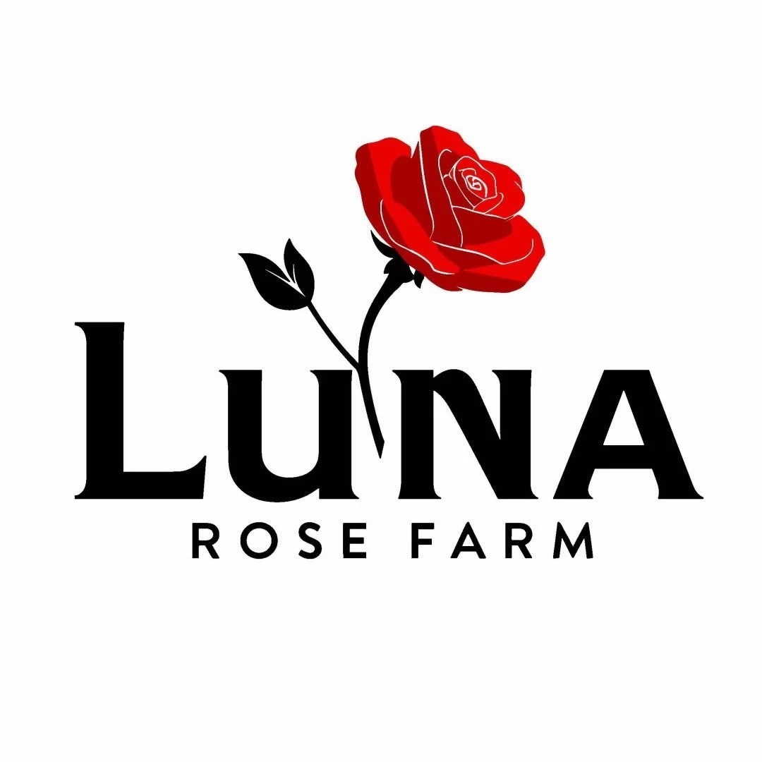 Logo for Luna Rose Farm featuring a red rose with a black stem and leaves, and the text 'LUNA' in bold black letters, with 'ROSE FARM' in smaller black letters underneath.