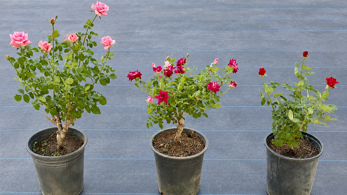 Three potted rose plants with pink and red flowers on gray fabric background.