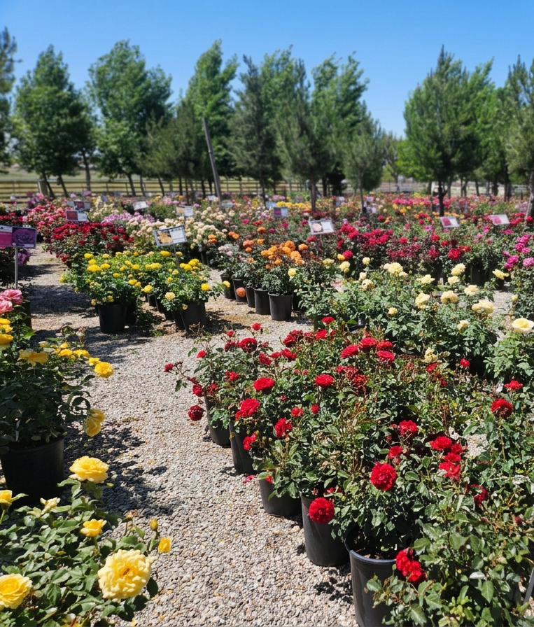 Numerous colorful flowering plants in pots at a garden center, with trees and a clear blue sky in the background.
