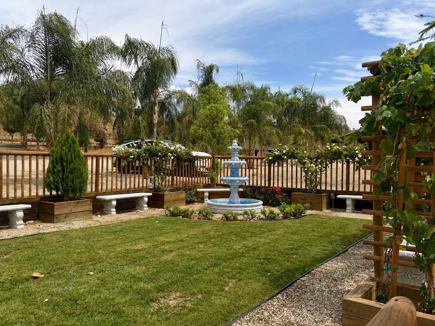 A backyard garden with a green lawn, a central blue fountain, white benches, and potted plants with trees and shrubs in the background under a partly cloudy sky.