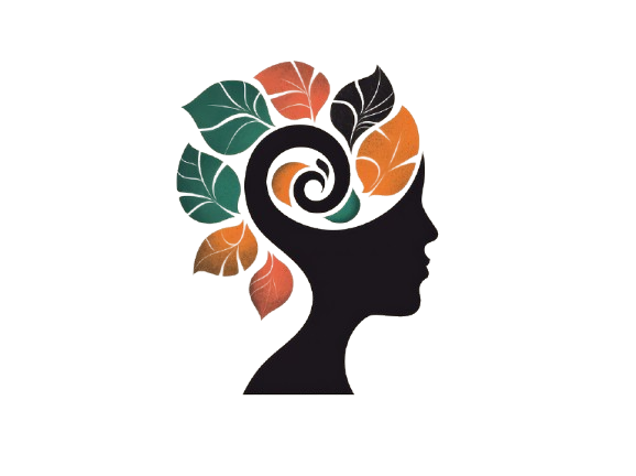 A silhouette of a woman's head with stylized leaves and a spiral design in her hair.