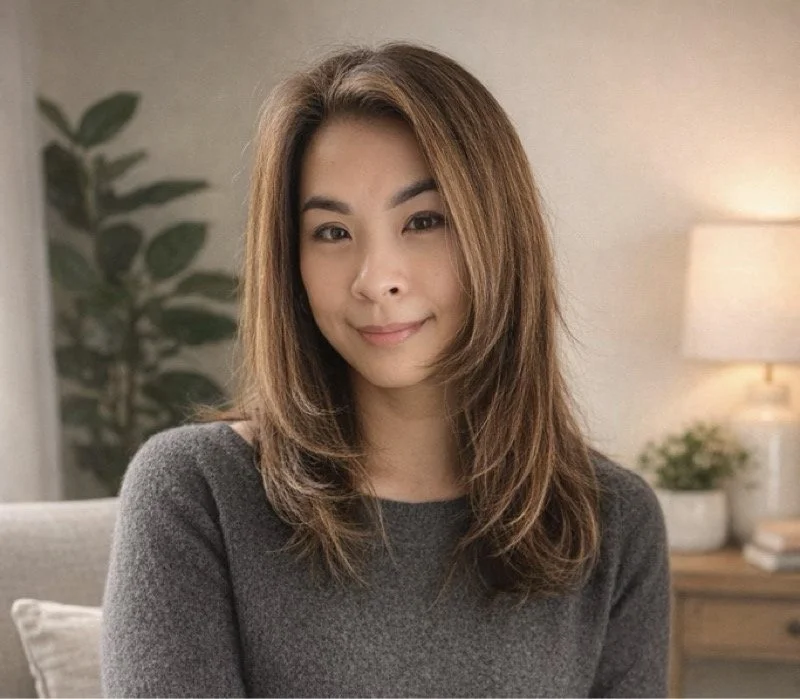 A woman with shoulder-length brown hair, winking and smiling slightly, sitting in a cozy indoor setting with a lamp, a potted plant, and some books in the background.