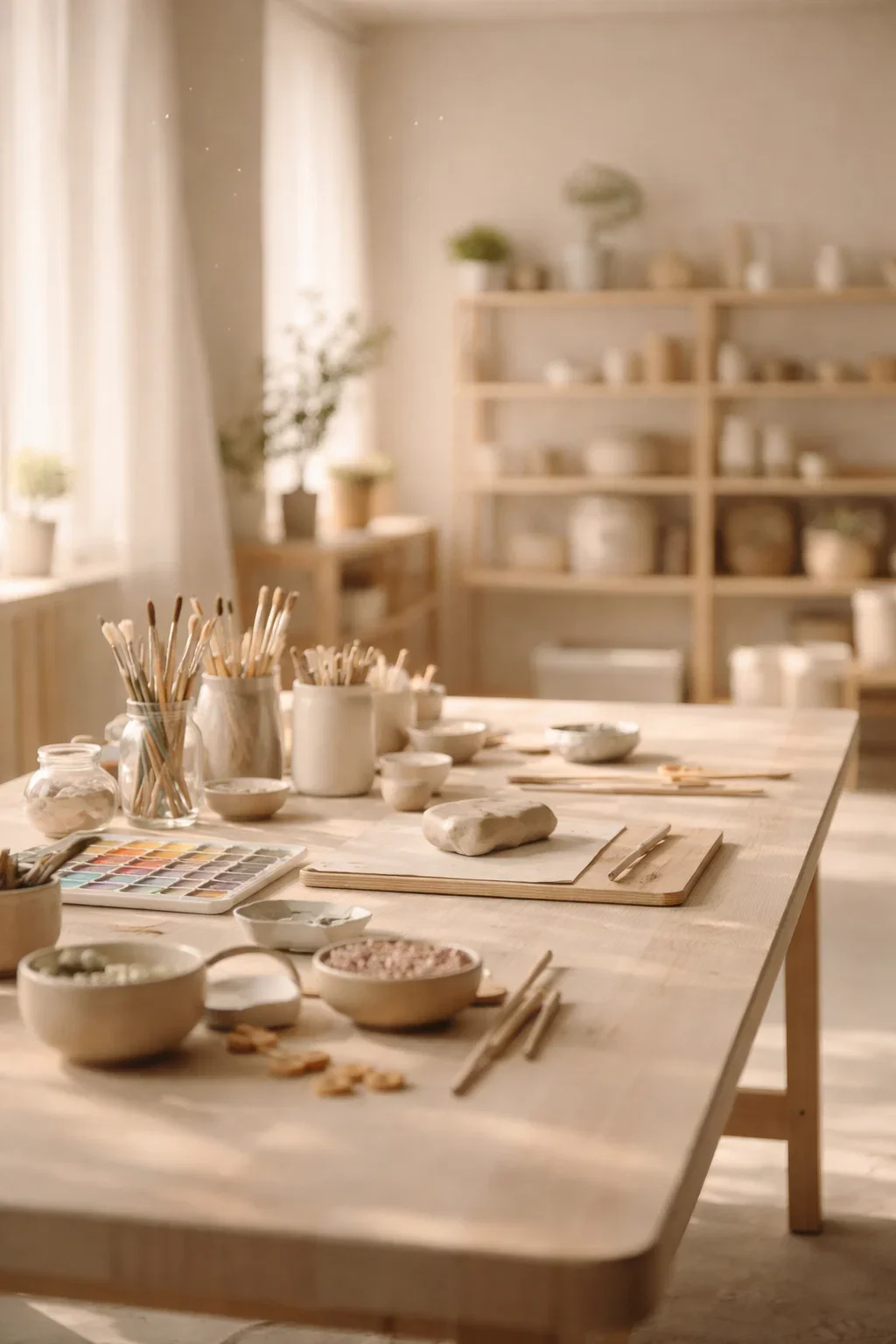 A well-lit art or craft studio with a wooden table filled with various tools and supplies, including brushes, bowls, and watercolor paints, and shelves in the background with containers and plants.