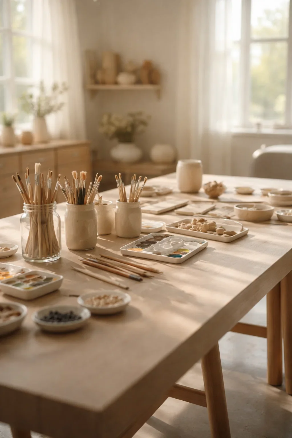 A wooden table set up for painting with jars of brushes, watercolor paints, and small bowls of mixed media in a well-lit room with large windows and light curtains.