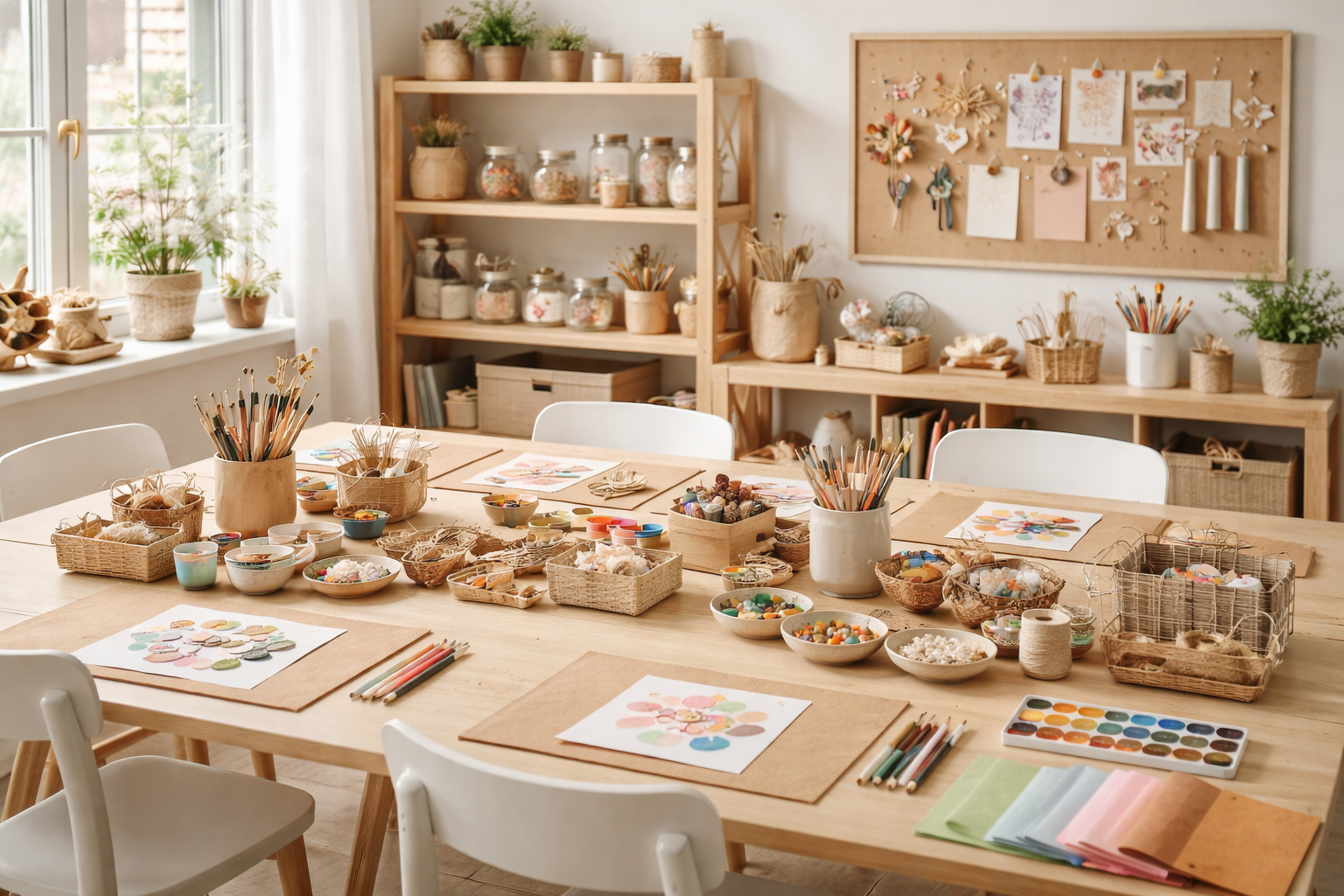 A craft room with a large wooden table filled with art supplies, paper, and colorful paints, surrounded by white chairs. Shelves and a corkboard on the walls display various craft materials and decorations, with sunlight streaming through window blinds.
