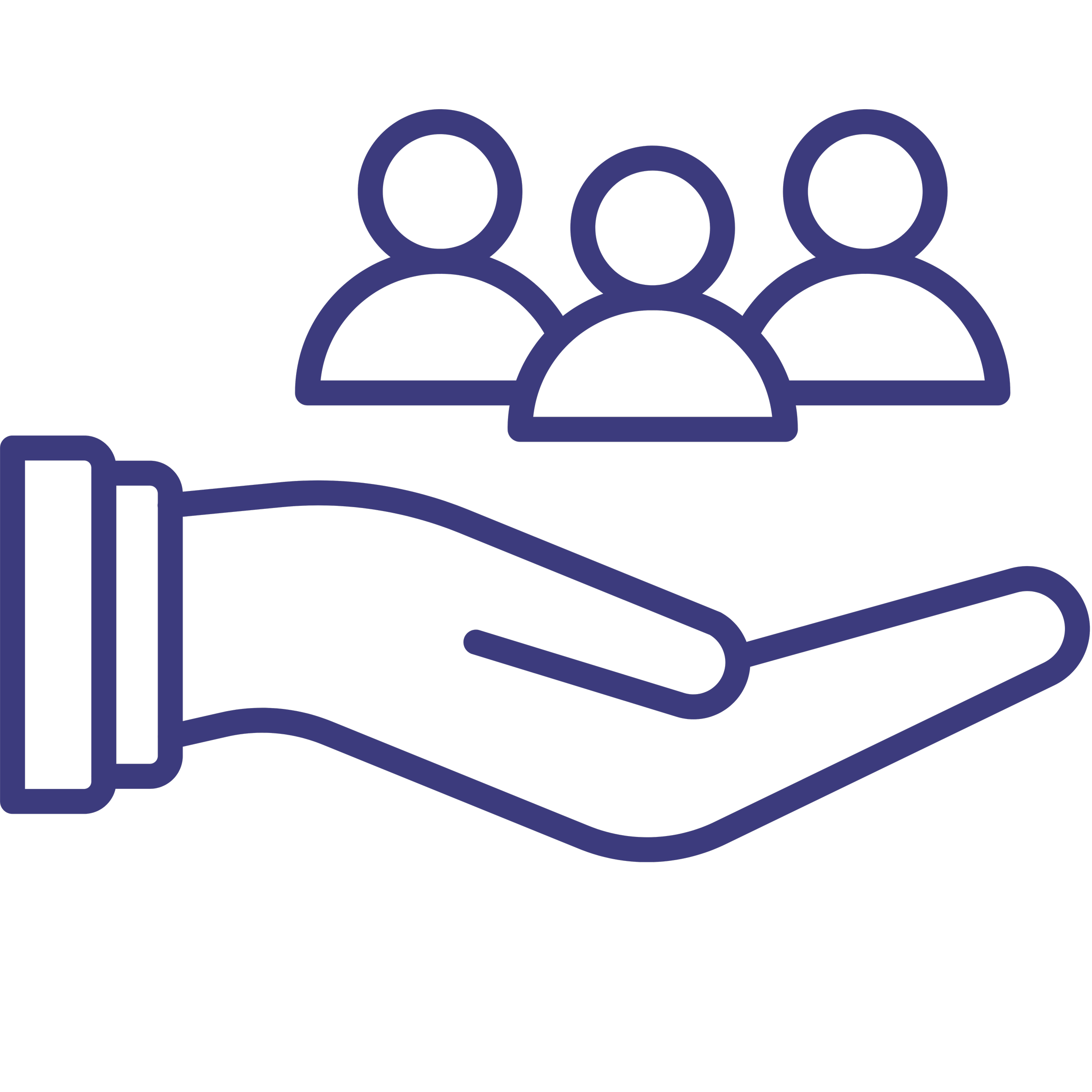 Outline icon of a hand holding a group of three people, representing social support or community assistance.