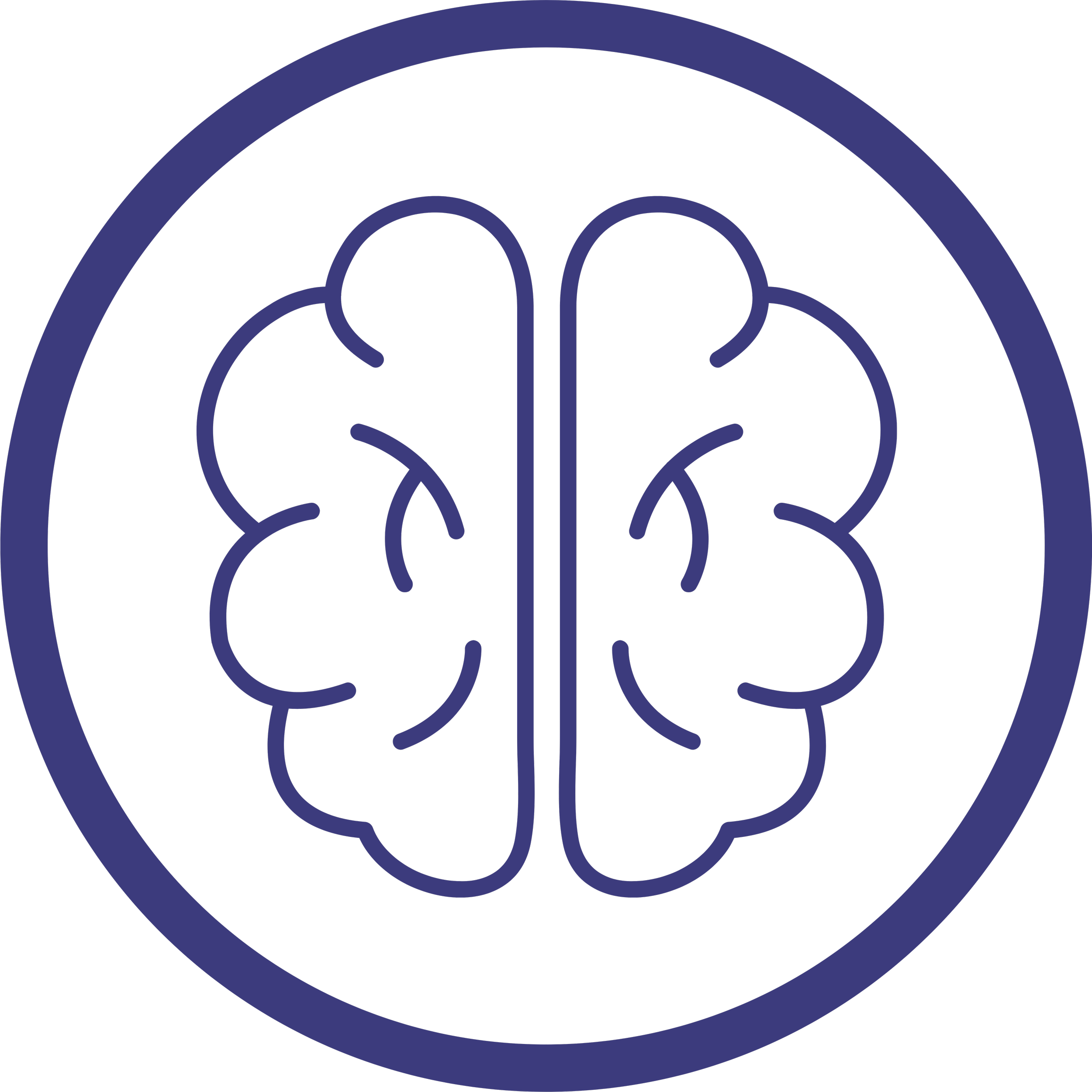 Stylized graphic of a brain outlined in purple within a black circle.