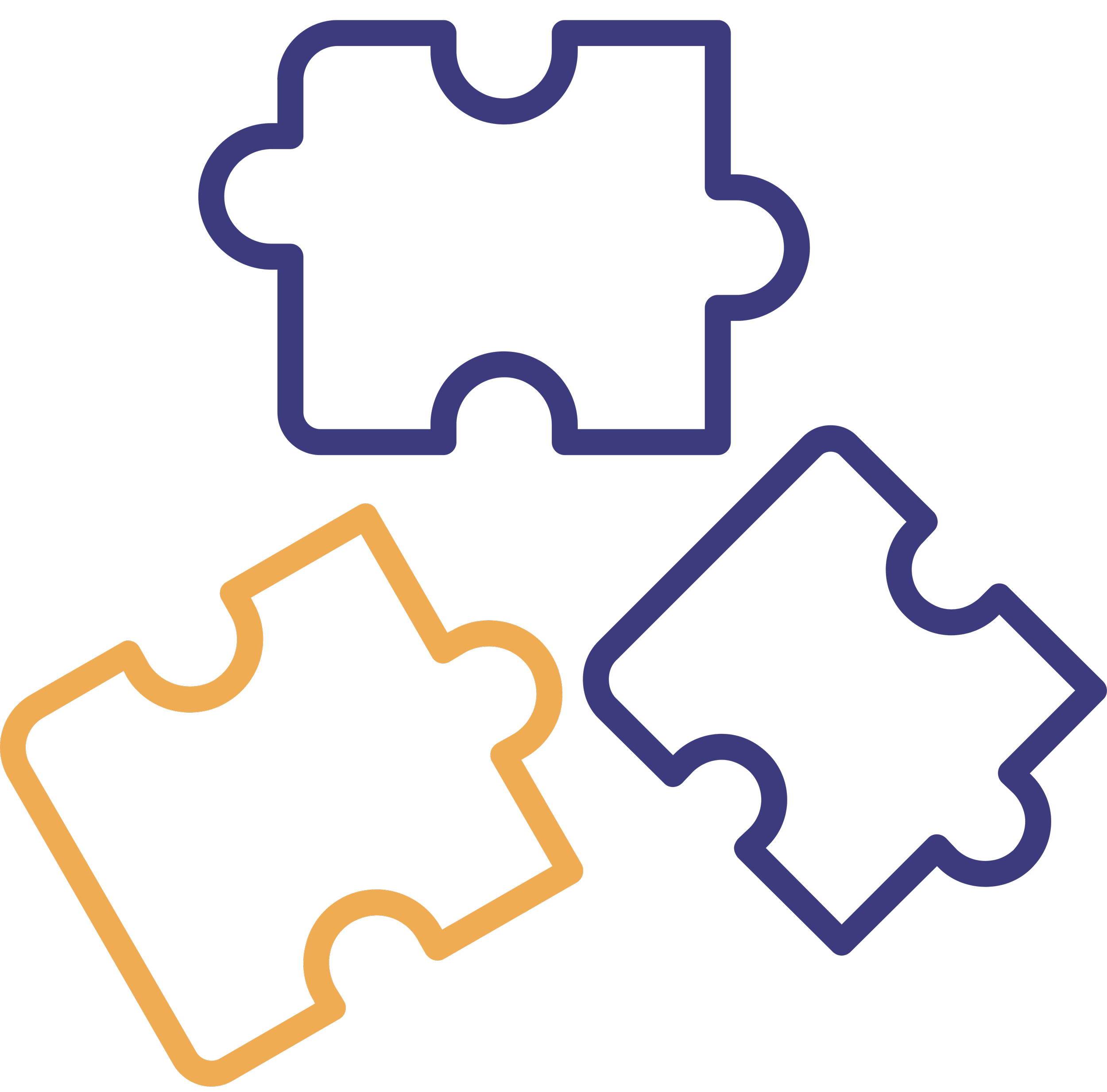 Outline of three interconnected puzzle pieces, one in blue, one in orange, and one in purple.