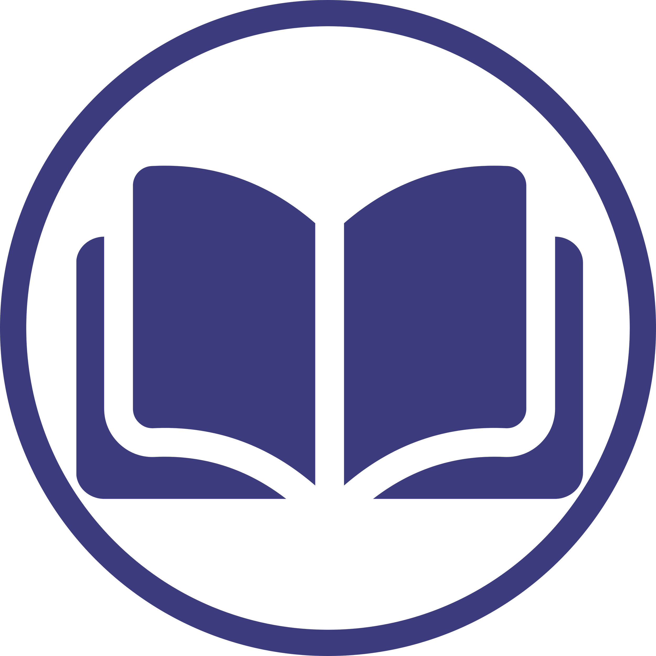 Icon of an open book inside a circle, representing reading or education.
