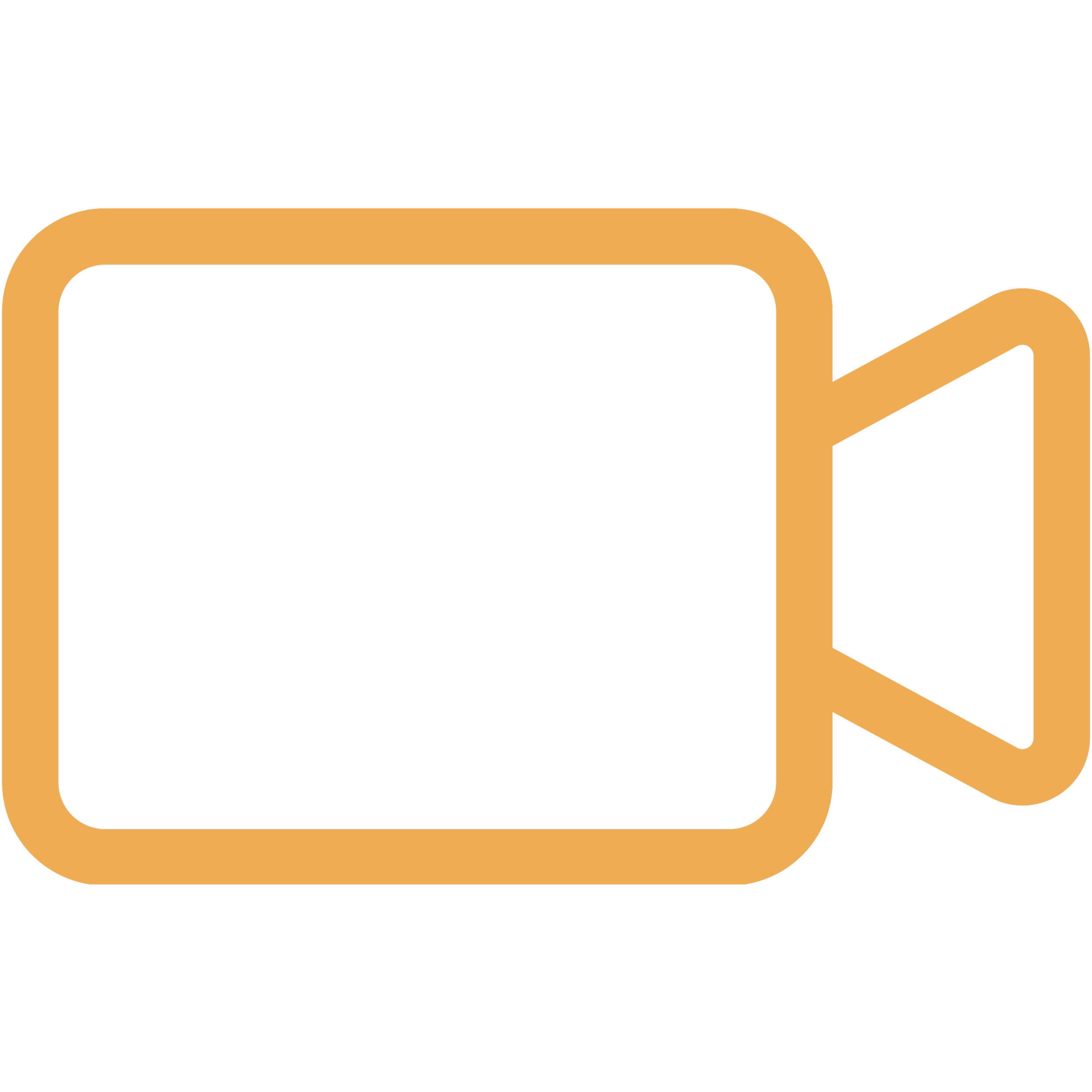 Icon of a video camera with a rectangular body and a lens on the right side, outlined in orange.