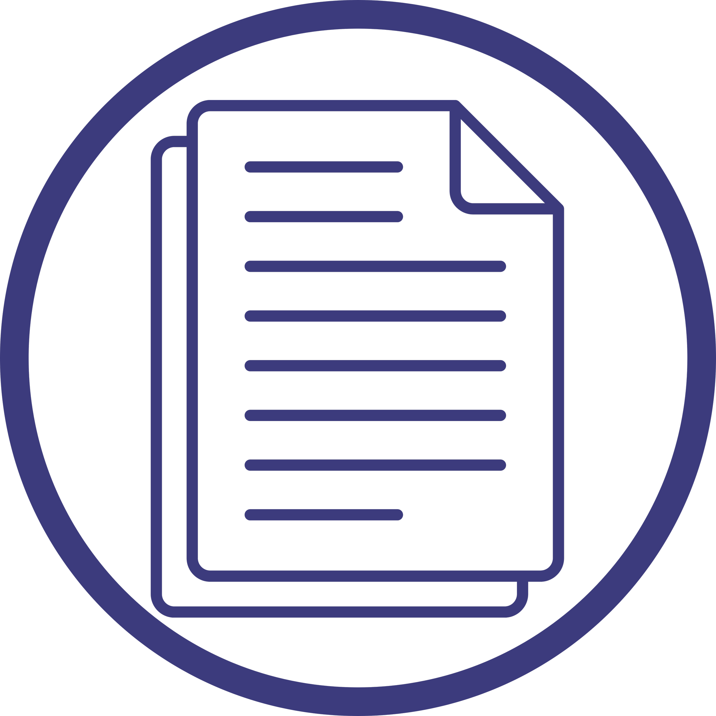 Icon of two layered documents with lines of text inside a circular border