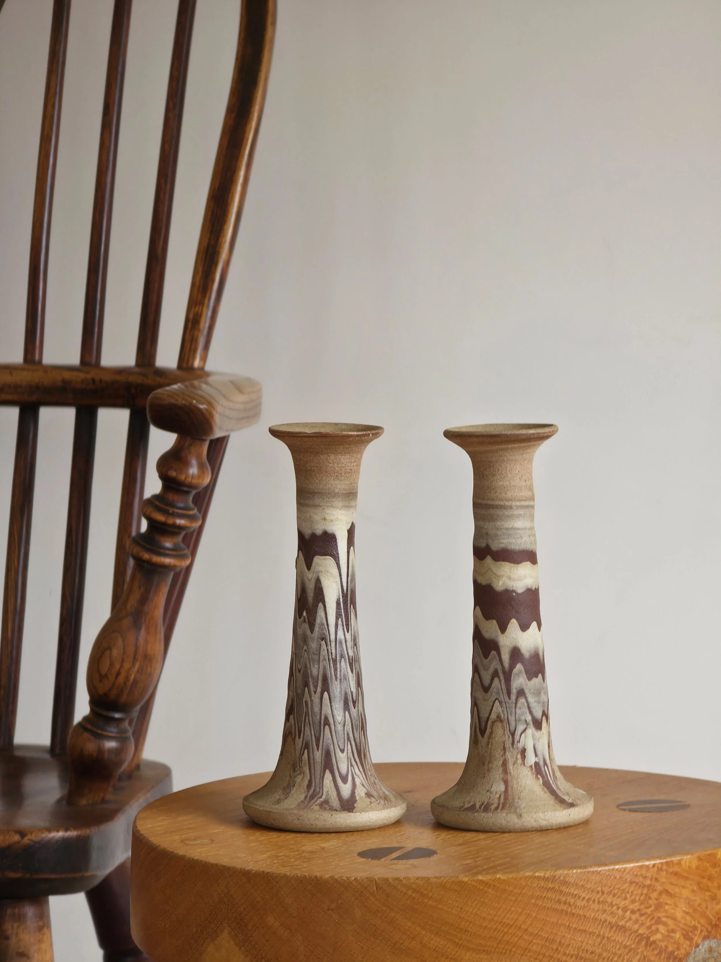 1980s Pair Of Vintage Agate Ware Candlesticks