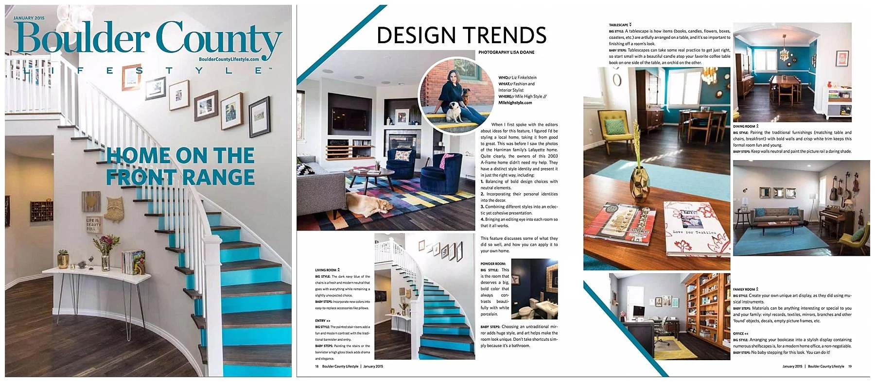 Layout of a magazine page featuring home interior design ideas, titled 'Home on the Front Range.' The left side shows a staircase with turquoise steps and framed art on the wall. The right side includes photos of living rooms, dining areas, and a fam