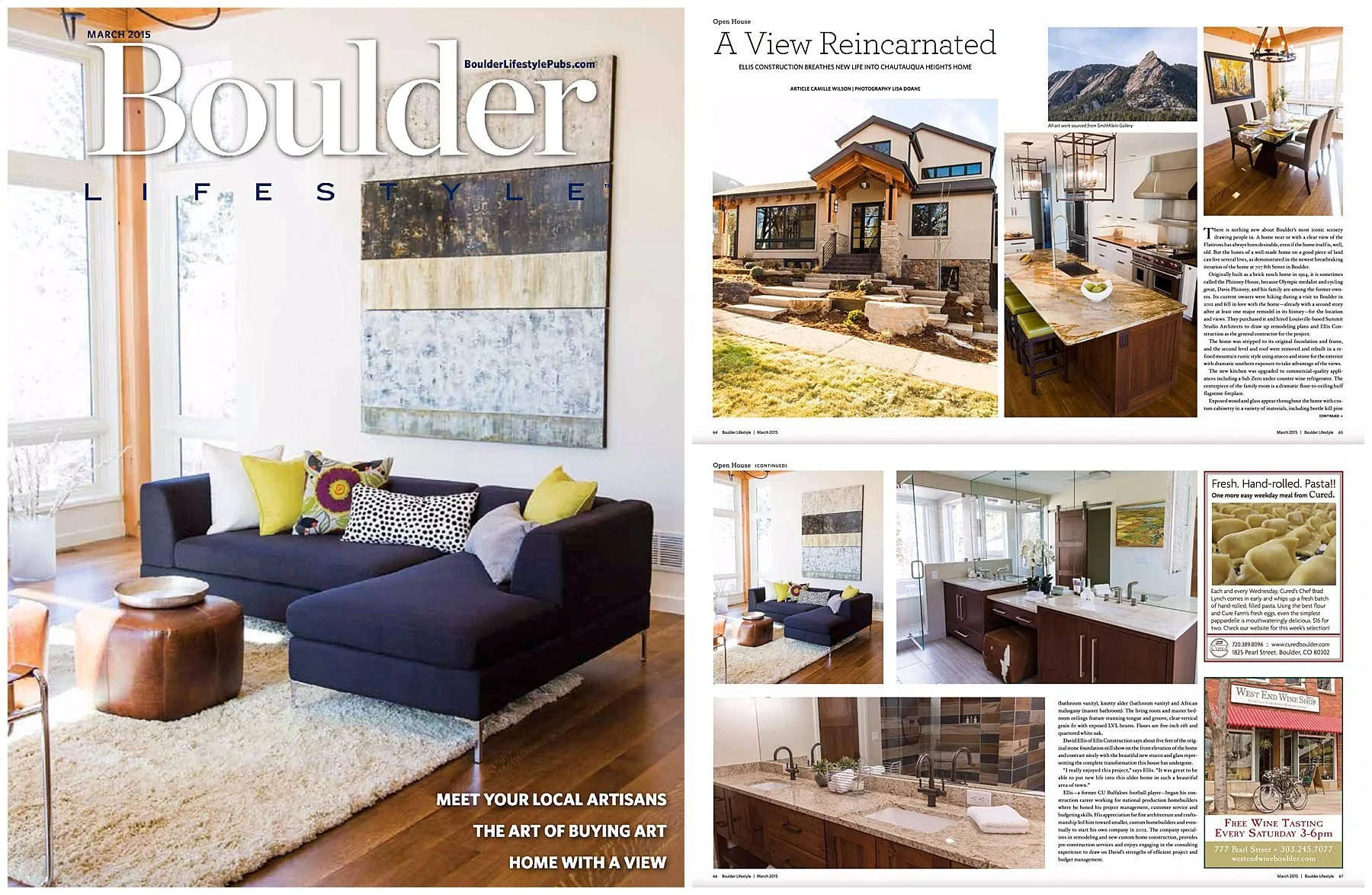 A magazine spread featuring interior and exterior home design. The left page shows a living room with a dark blue sectional sofa, colorful pillows, a large abstract painting, window with sheer curtains, and a round wooden coffee table. The right page