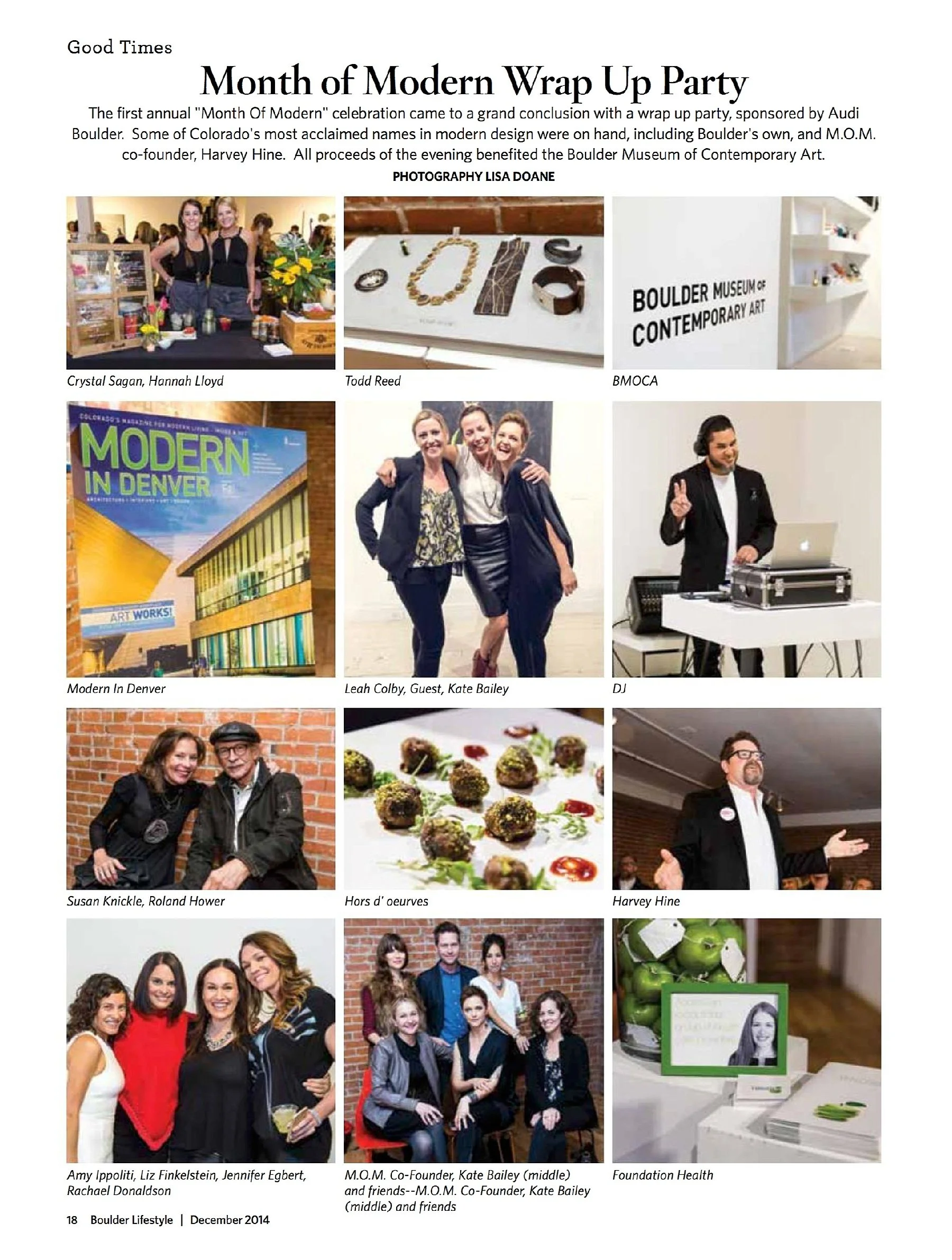 A collage of photographs from an art and social event, including people posing for photos, artwork displays, a DJ, and food plates, with text indicating it is from Boulder Lifestyle December 2014.
