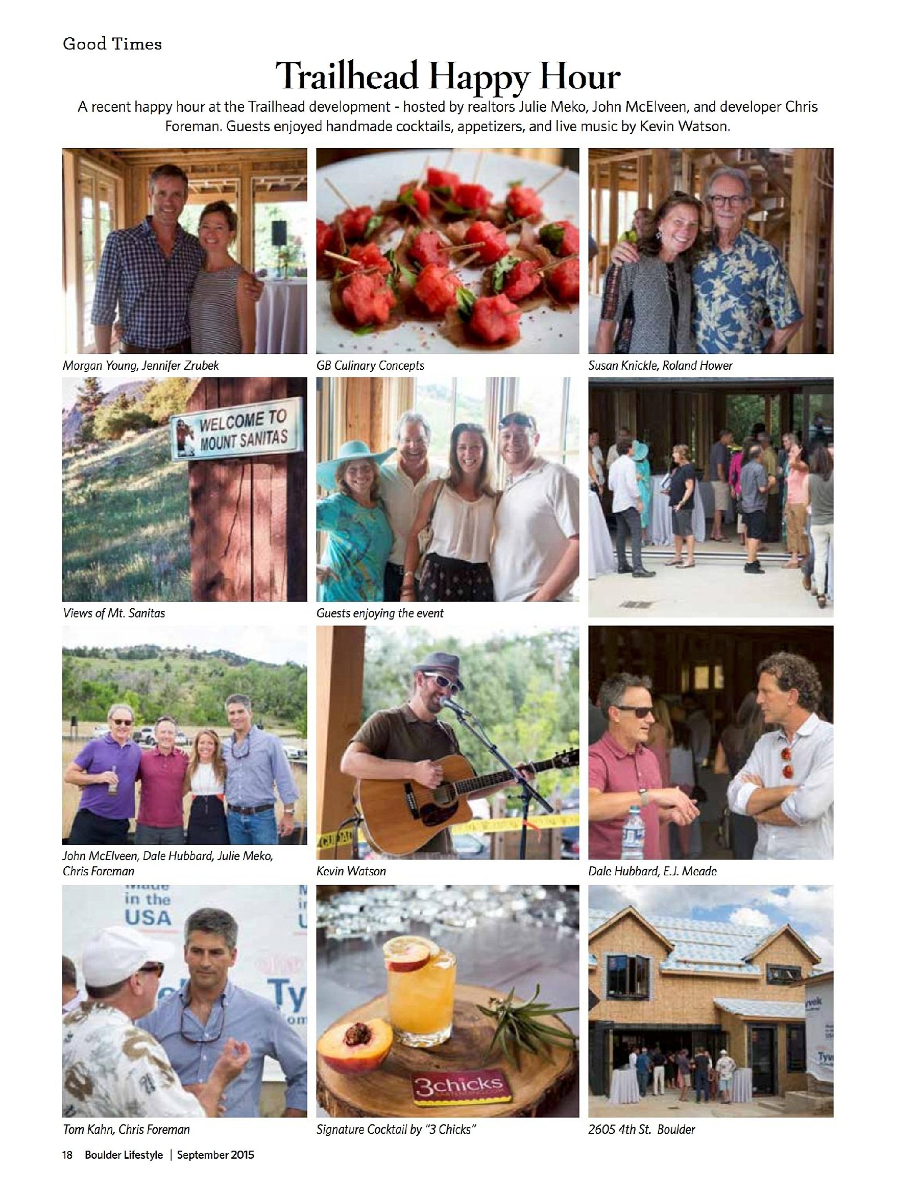 Collage of images from a community event at Boulder, Colorado, including people socializing, a chef preparing food, a musical performance, a new building, and food and drinks, with captions describing the event and participants.
