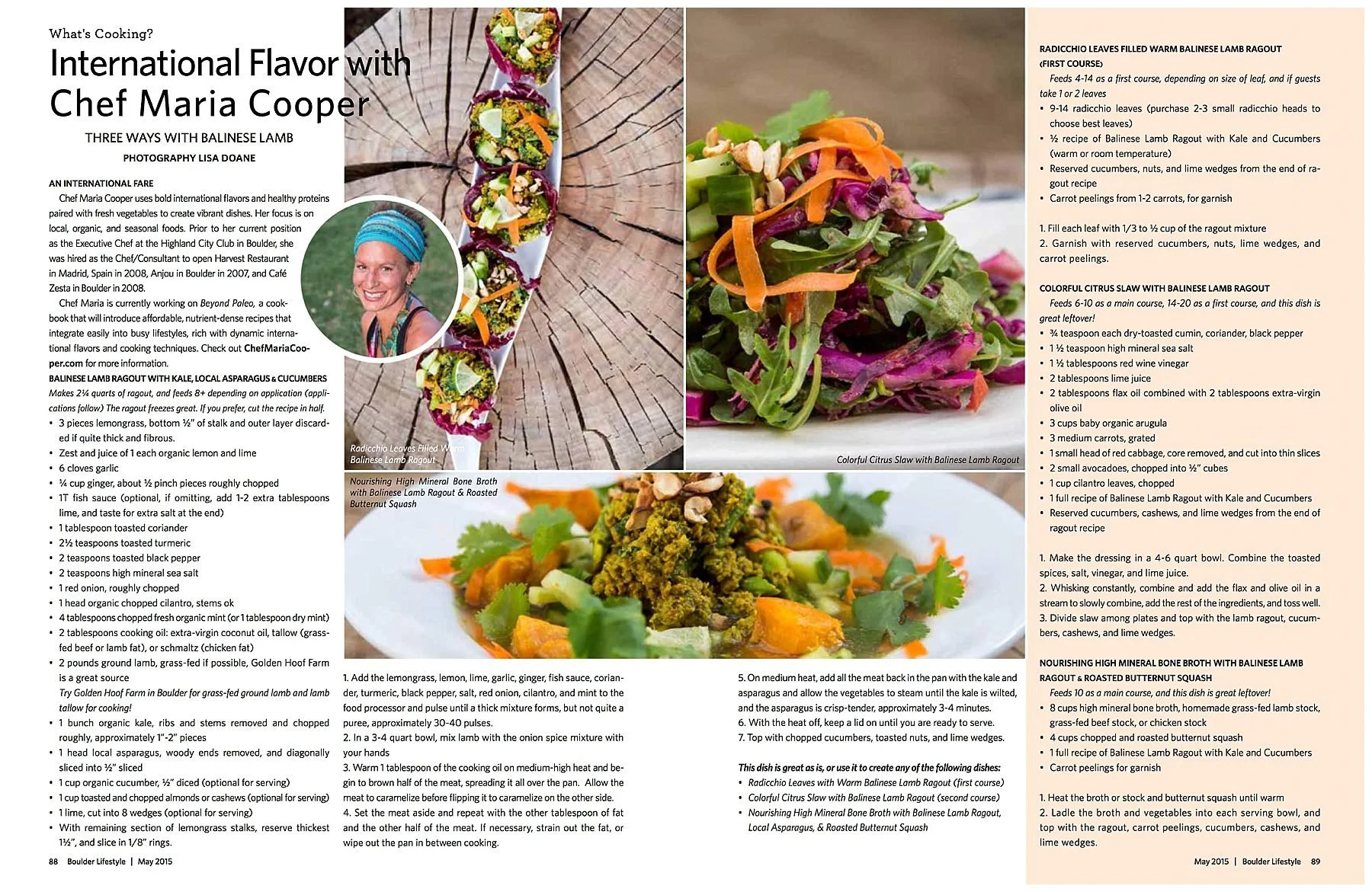 A magazine spread featuring three dishes with recipes and photographs. The left side shows a profile picture of Chef Maria Cooper, and the headline reads 'International Flavor with Chef Maria Cooper.' The dishes include Radicchio Leaves Filled with W