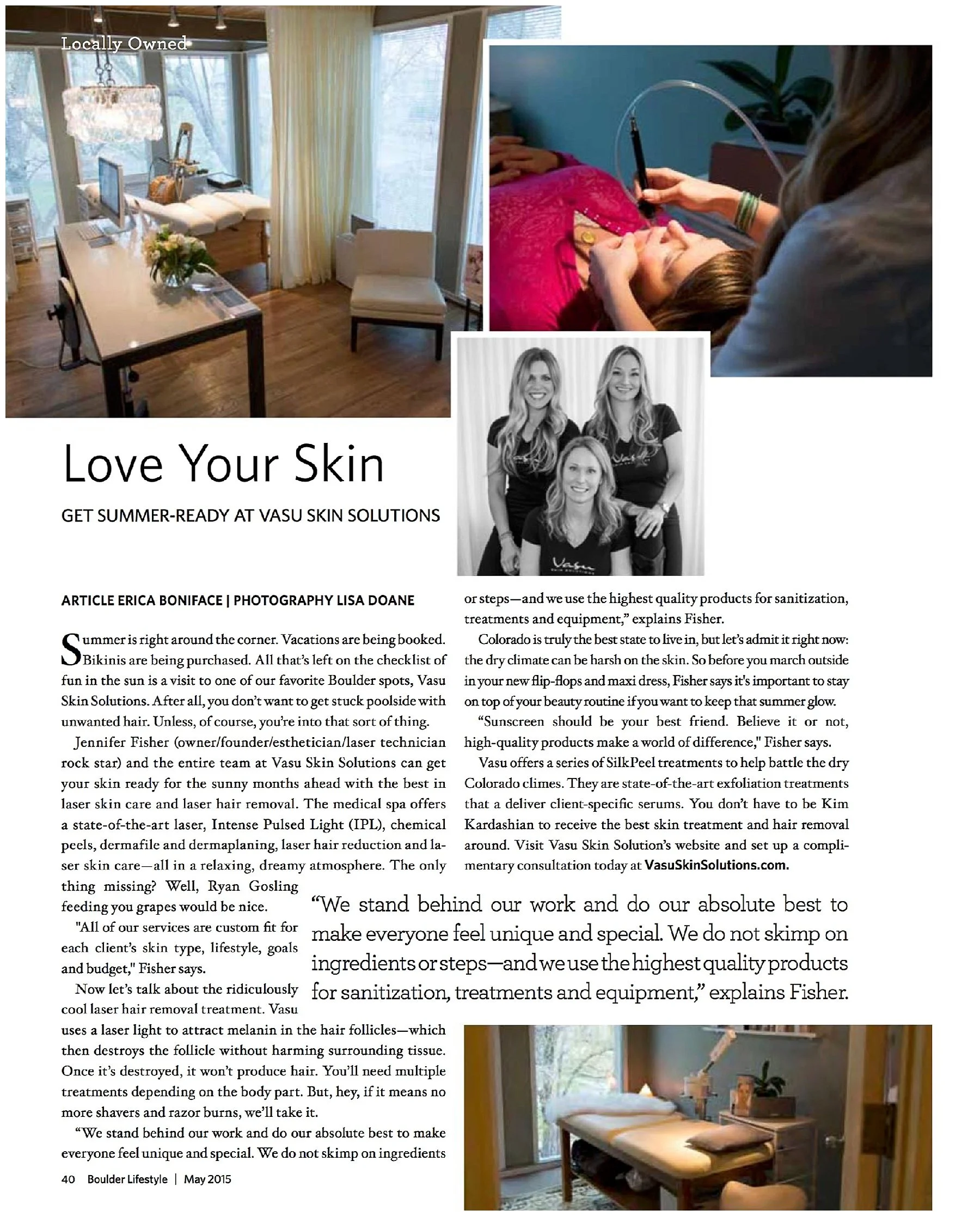 A magazine page with an article titled 'Love Your Skin' about Vasu Skin Solutions. The page includes a photo of a cozy, sunlit room with large windows, a desk with a computer and flowers, and a dental or skincare treatment room with a patient receivi