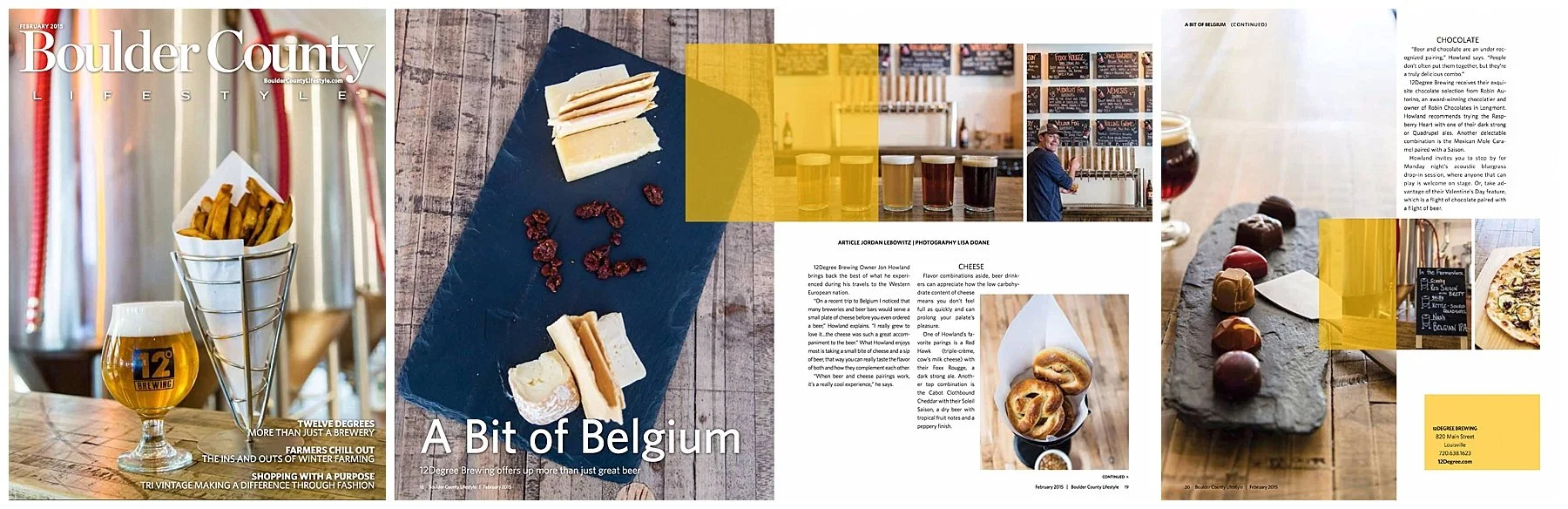 Magazine spread featuring beer and food in Belgium, with images of a beer glass, fries, cheese, chocolates, and pretzels, including a chalkboard menu and a brewery scene.