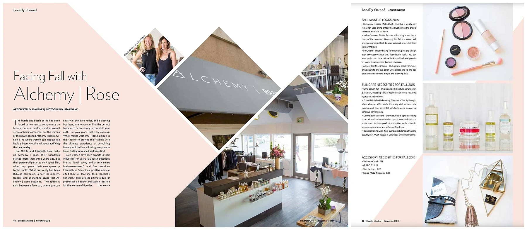 Magazine spread titled 'Facing Fall with Alchemy | Rose' featuring photos of a retail store, skincare products, makeup, and accessories, with columns of text describing beauty routines and products.